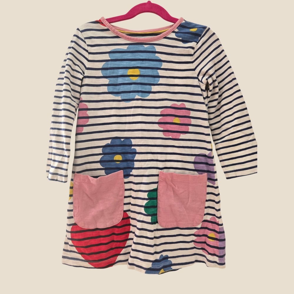 Mini Boden Girls Striped Floral Heart Jersey Dress Navy White Pink 5-6Y G2233